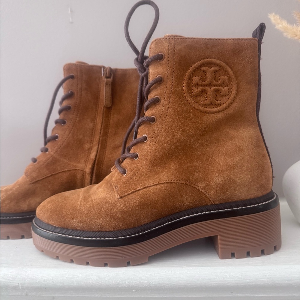 New Tory Burch Tan Suede Ankle Booties s5.5M miller embossed suede combat boots - Picture 2 of 14